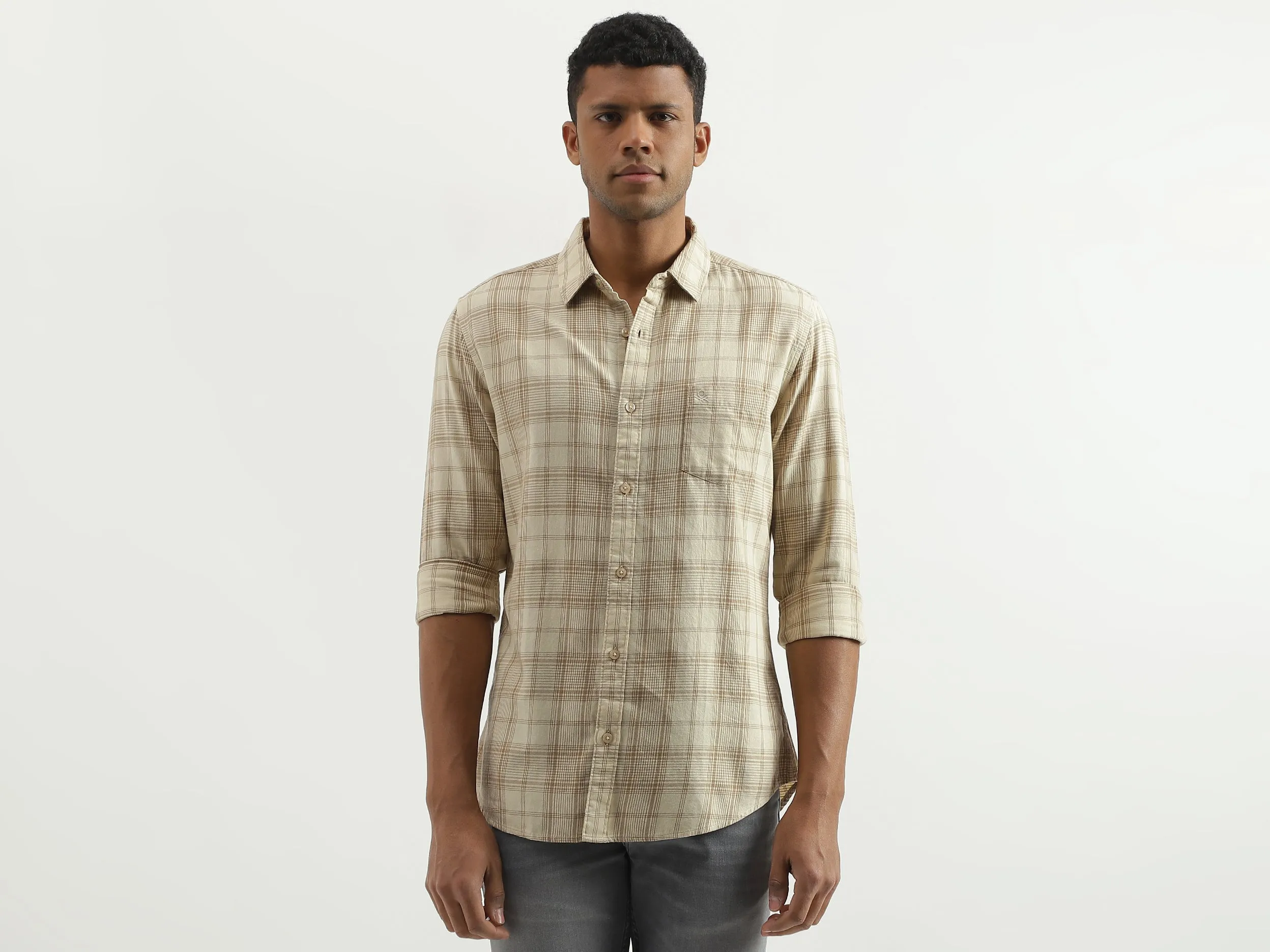 Slim Fit Spread Collar Checked Shirt