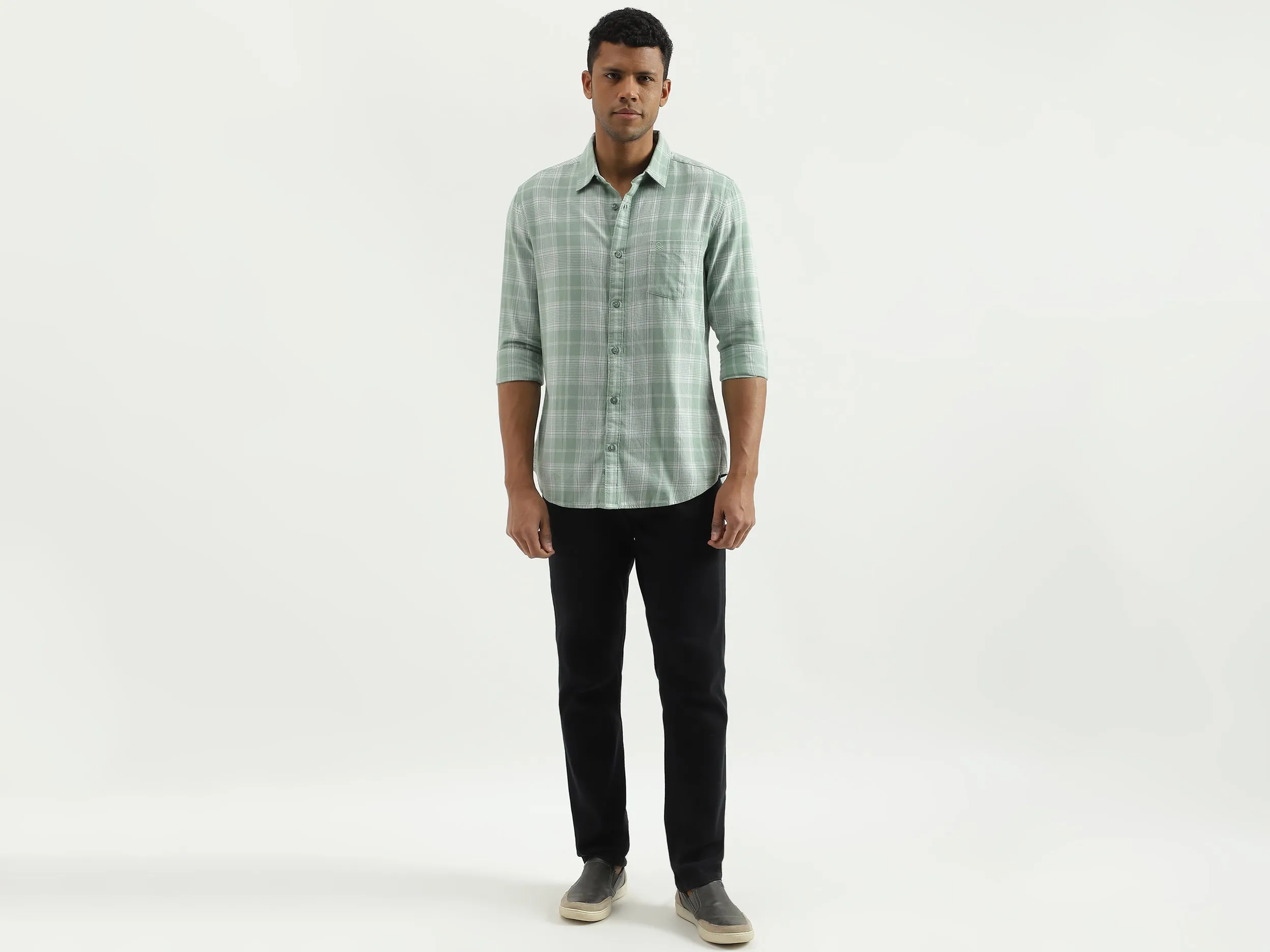Slim Fit Spread Collar Checked Shirt