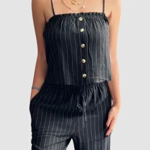 Soleil Long Cropped Linen Top – Black