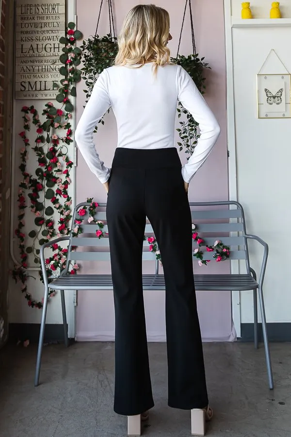 SOLID FLARE PANTS WITH WIDE WAIST BAND AND SIDE POCKET DETAIL