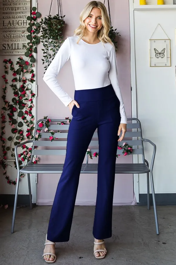 SOLID FLARE PANTS WITH WIDE WAIST BAND AND SIDE POCKET DETAIL