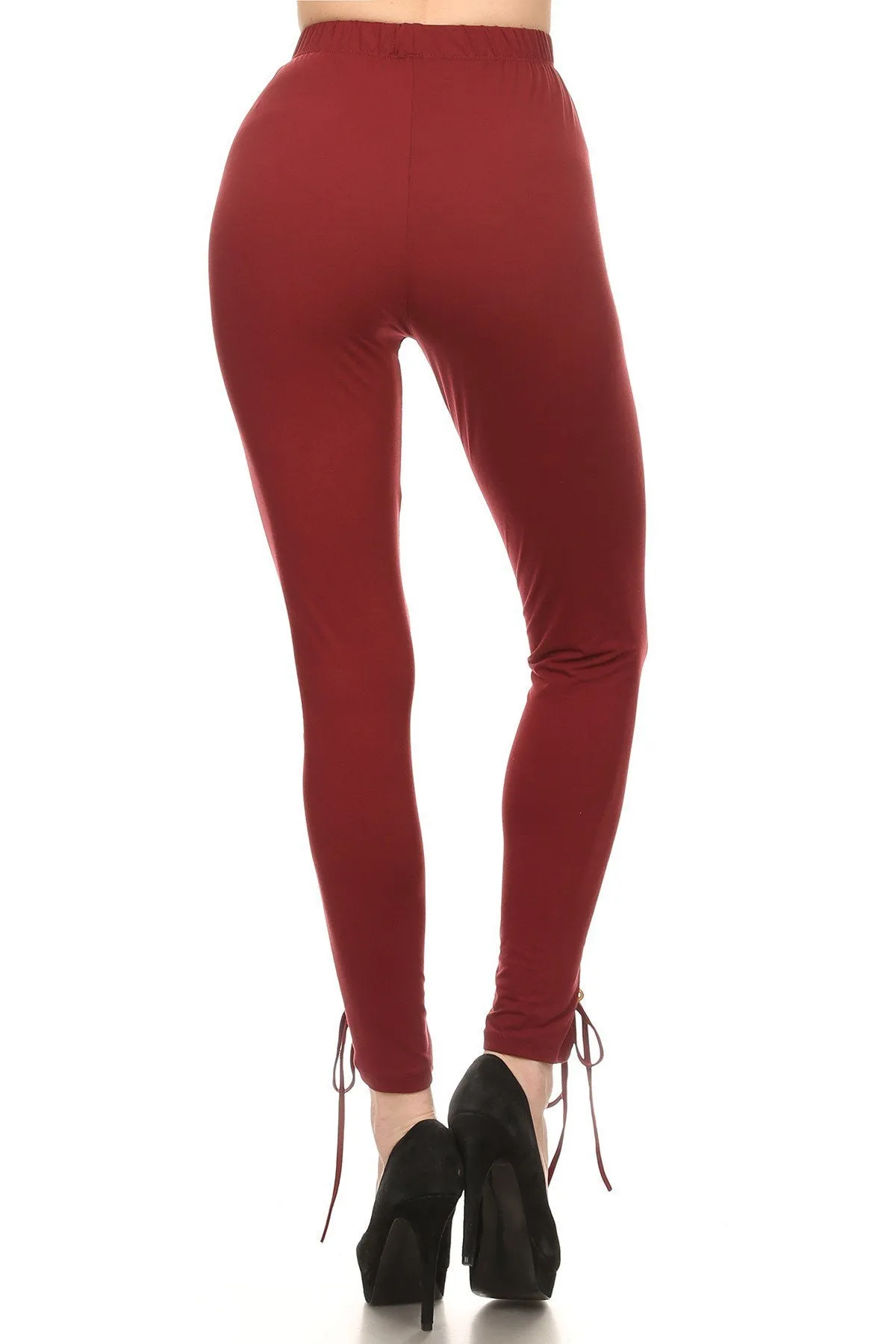 Solid Front Open Lace-up Eyelet Detailed Full Leggings