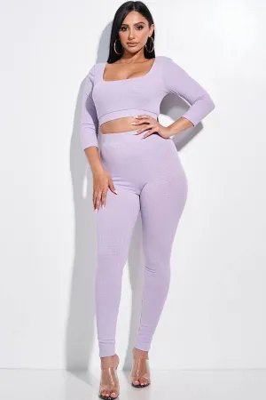 Solid Pointelle Stitch 3/4 Sleeve Scoop Neck Cropped Top And Leggings Two