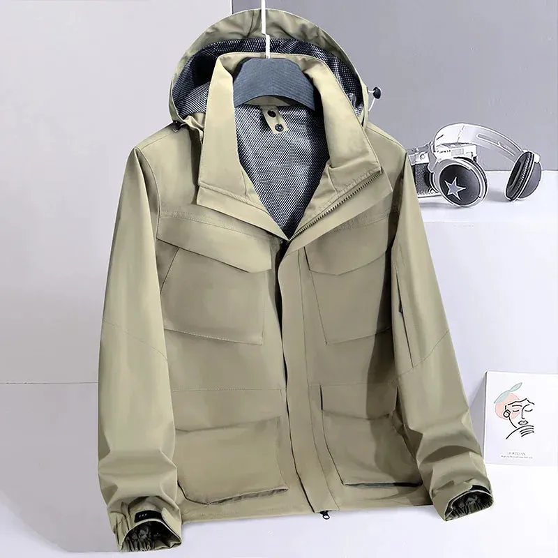 Spring Men's Mountaineering Jacket Outdoor Waterproof and Durable Multi Pocket Hunting Coat Simple Retro Men's Work Jacket M-6XL