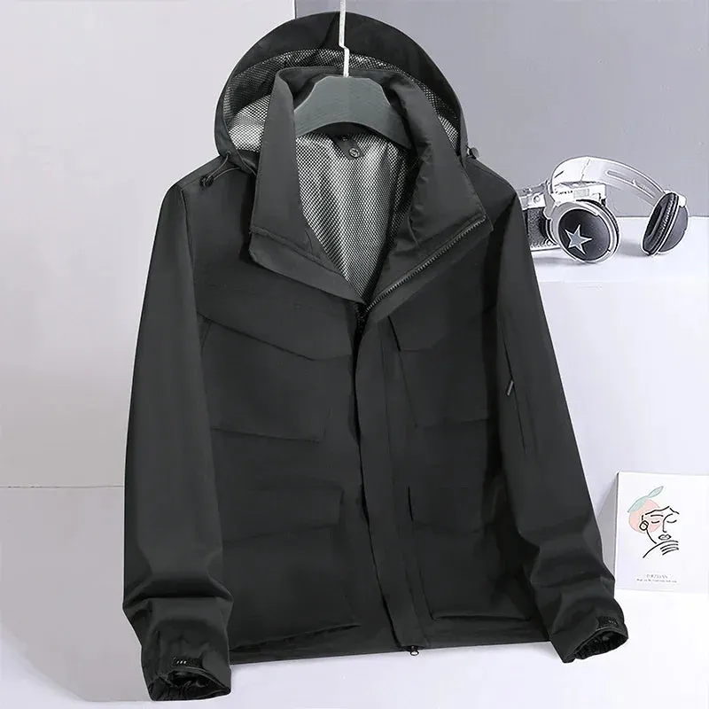 Spring Men's Mountaineering Jacket Outdoor Waterproof and Durable Multi Pocket Hunting Coat Simple Retro Men's Work Jacket M-6XL