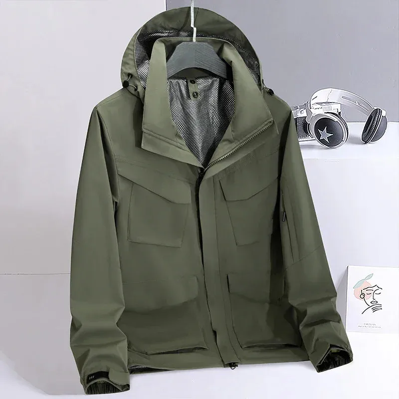 Spring Men's Mountaineering Jacket Outdoor Waterproof and Durable Multi Pocket Hunting Coat Simple Retro Men's Work Jacket M-6XL