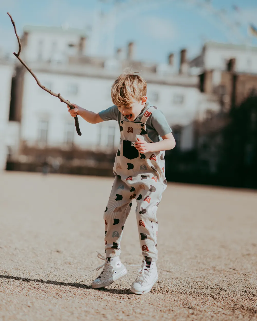 Stone Smiling Bear Print Dungarees