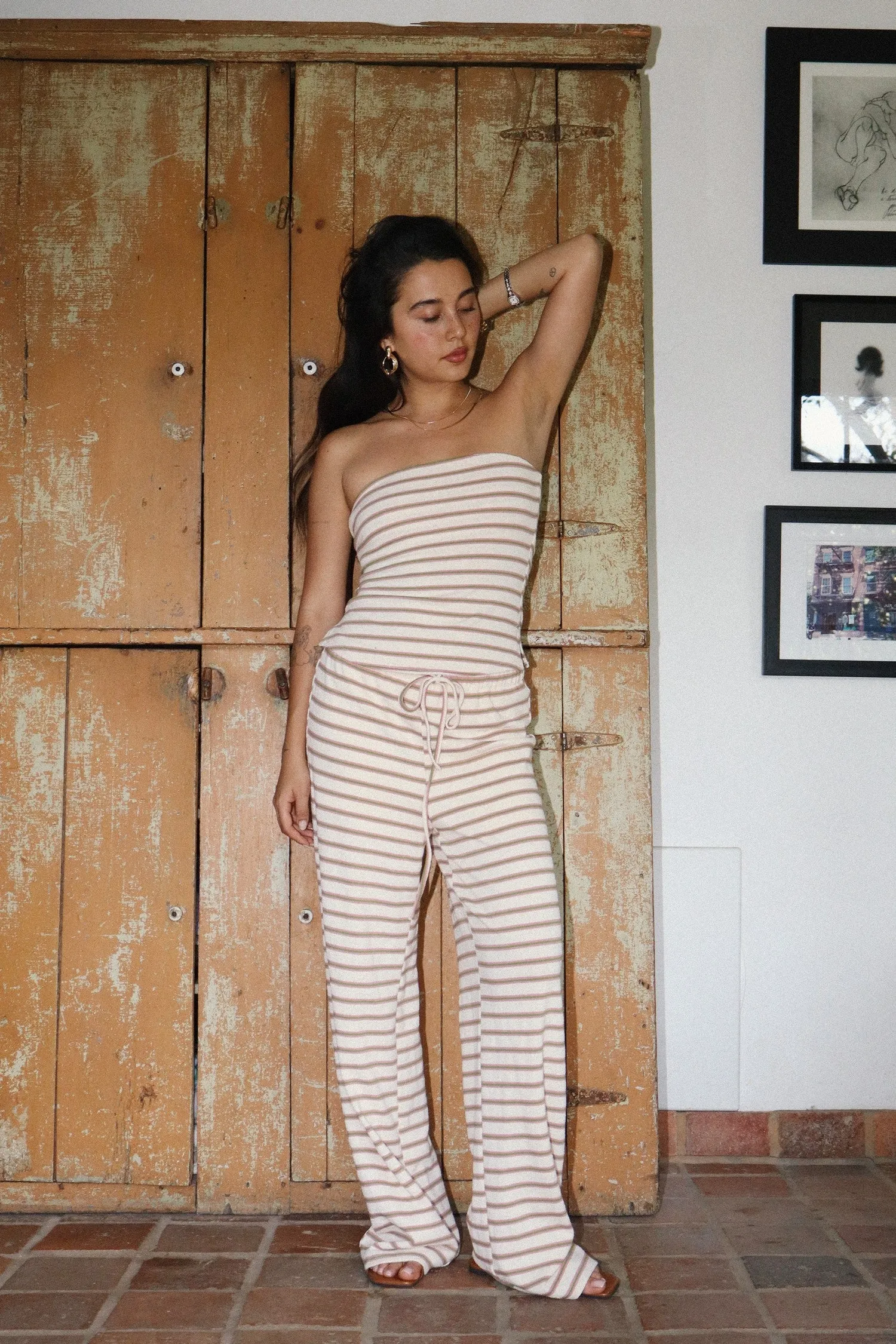 striped drawstring wide leg pants