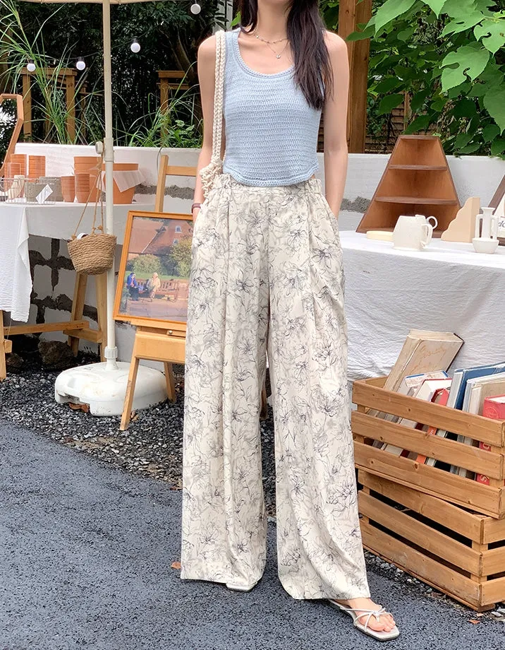 Summer Ink Print Wide-Leg Pants