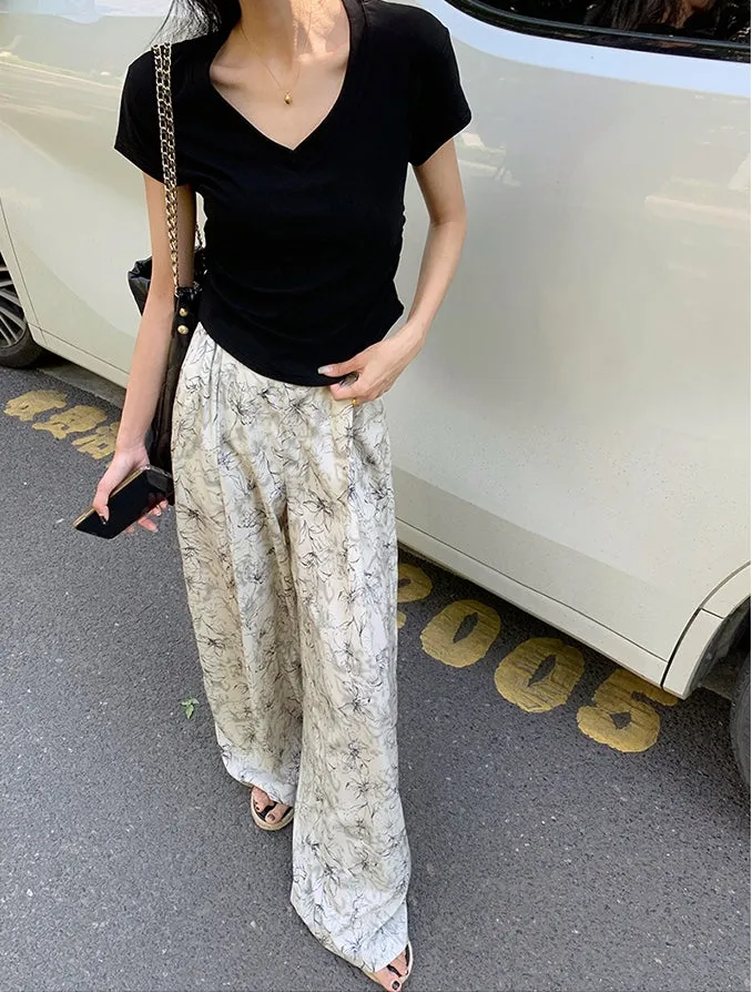 Summer Ink Print Wide-Leg Pants