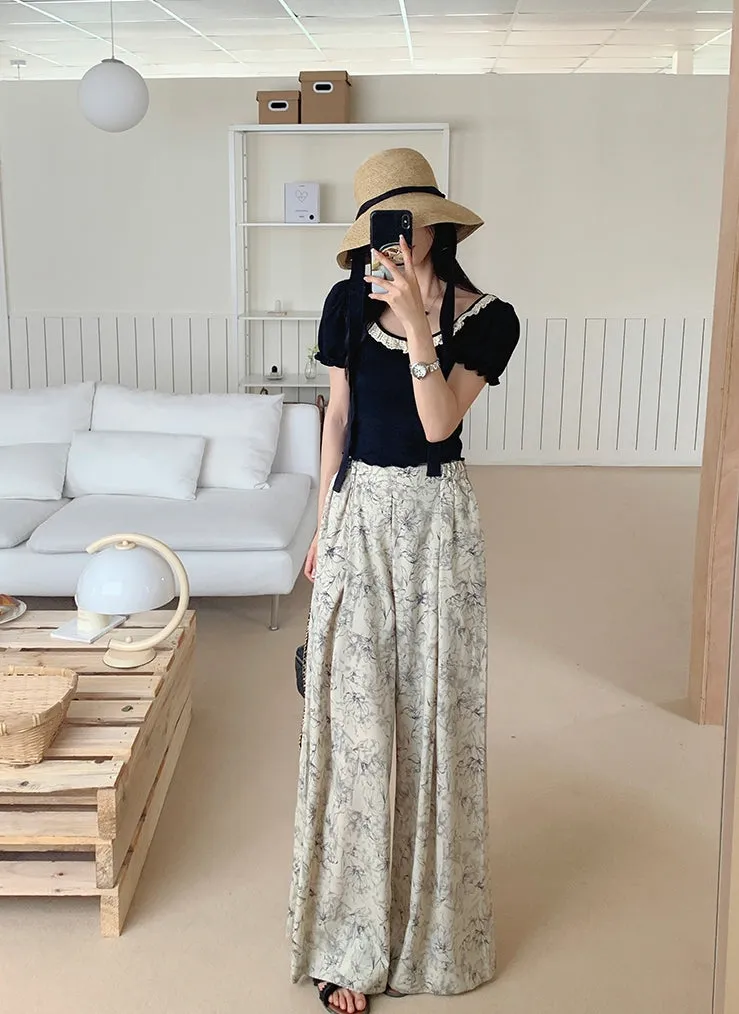 Summer Ink Print Wide-Leg Pants