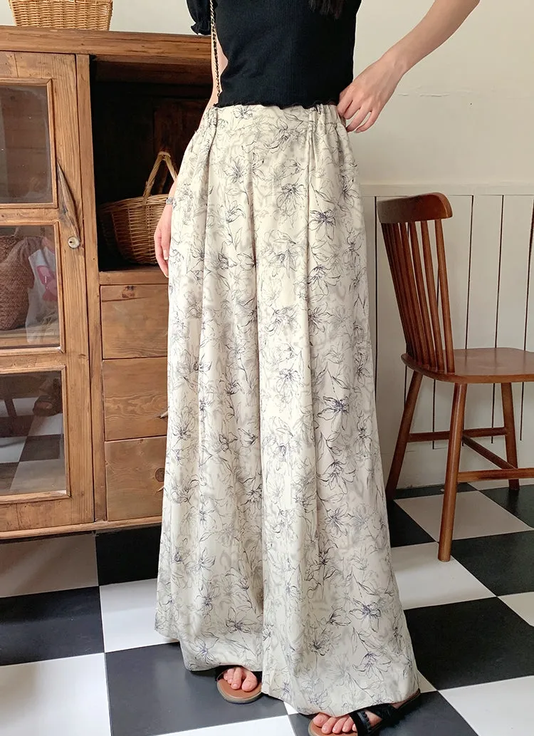 Summer Ink Print Wide-Leg Pants