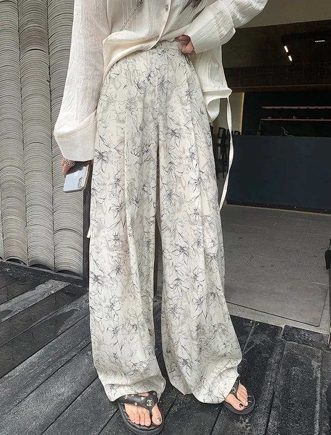 Summer Ink Print Wide-Leg Pants
