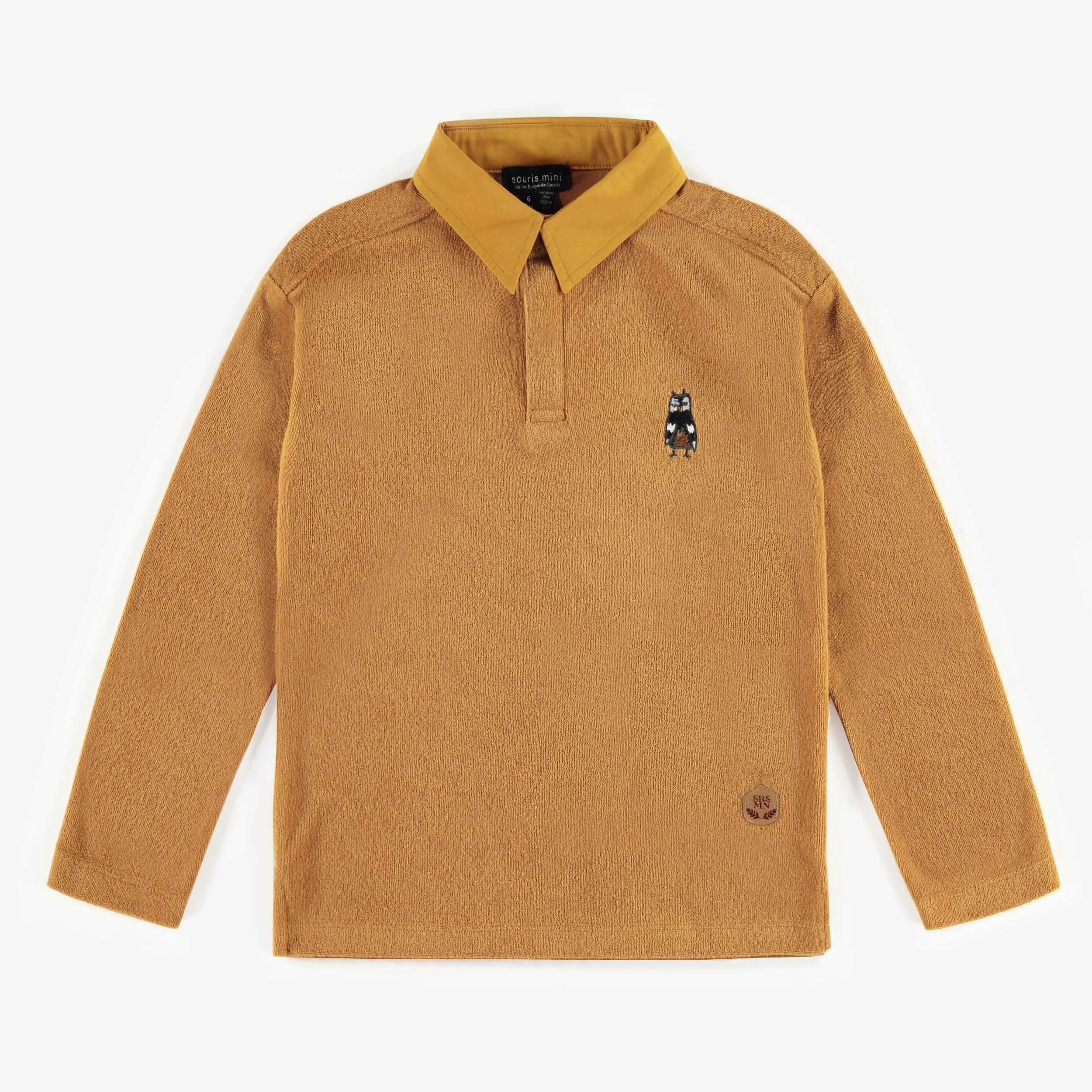T-shirt caramel à col polo en ratine, enfant || Caramel polo neck t-shirt with terry cloth, child