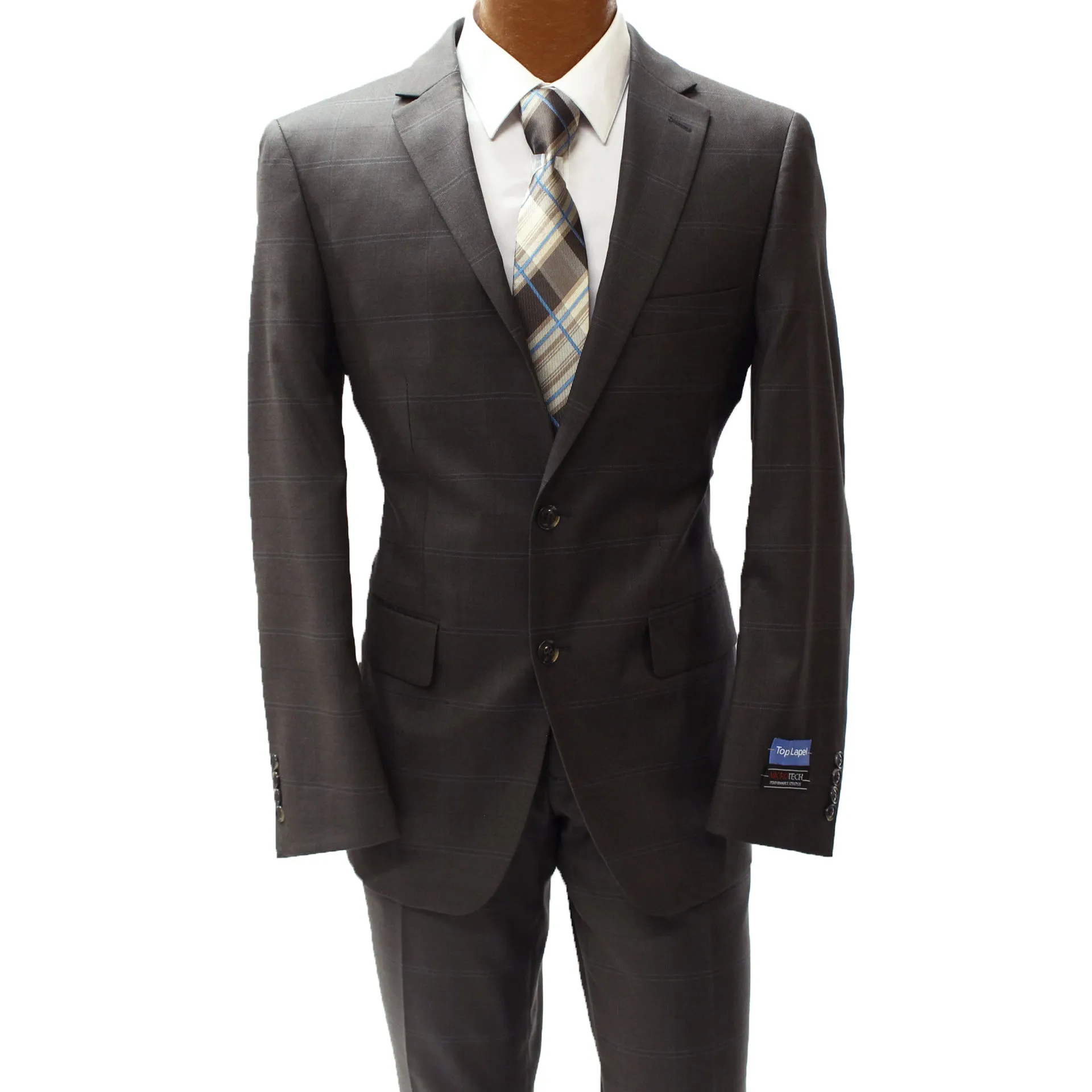 Top Lapel Brown and Blue Windowpane Modern Fit Suit