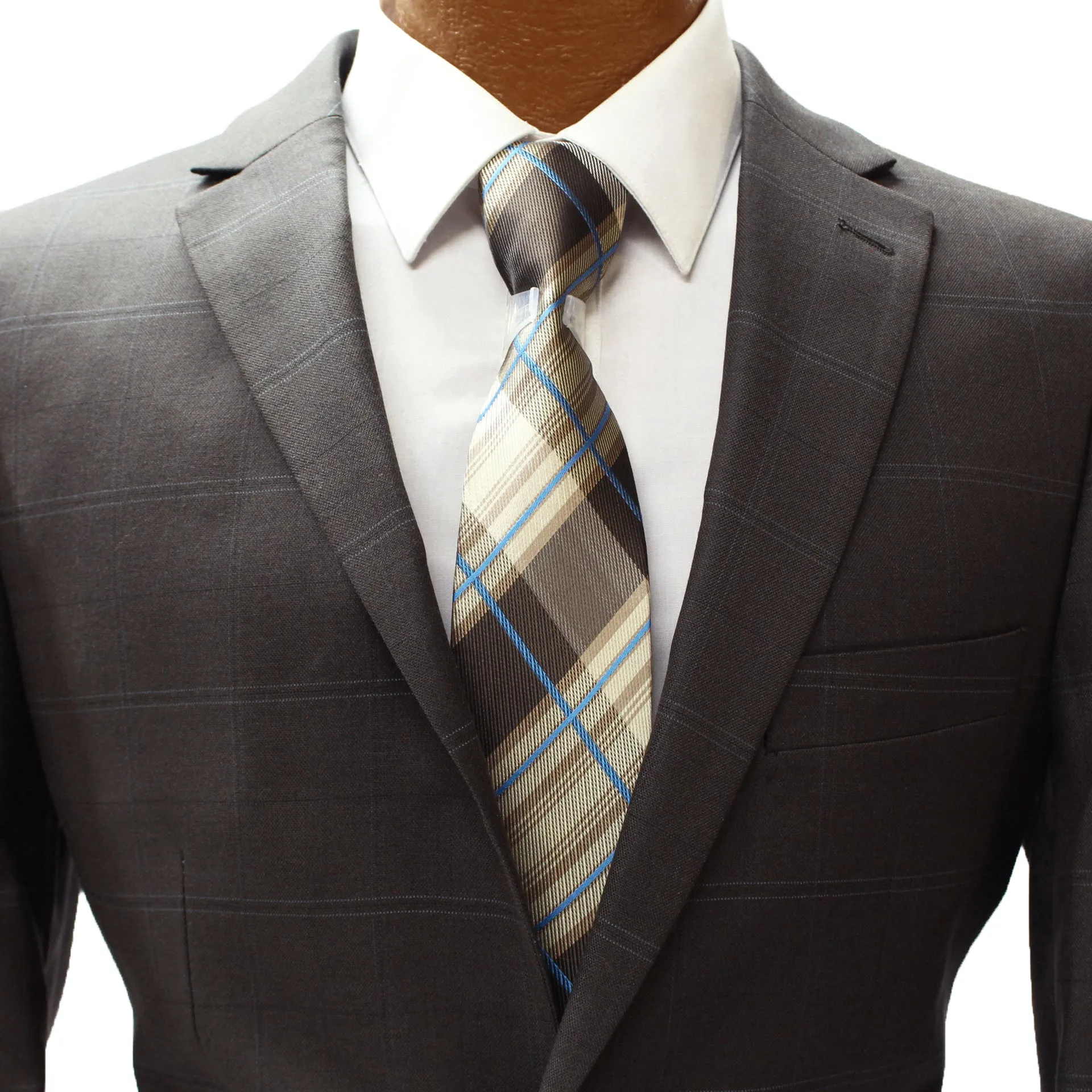 Top Lapel Brown and Blue Windowpane Modern Fit Suit