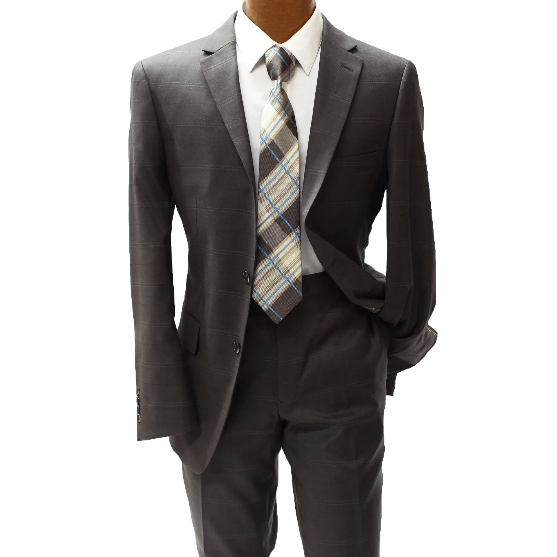 Top Lapel Brown and Blue Windowpane Modern Fit Suit