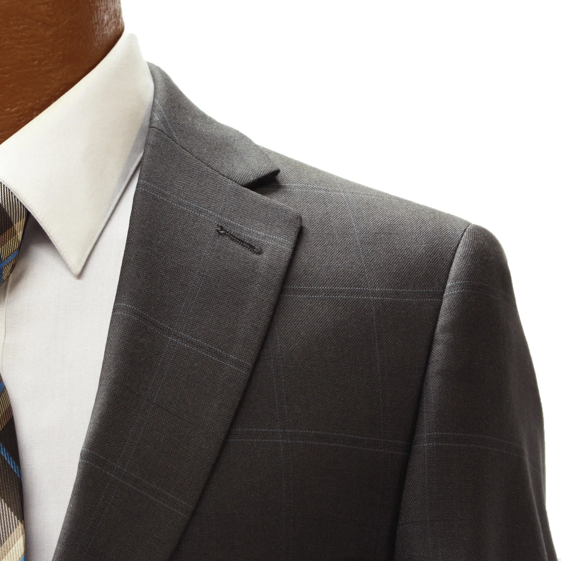 Top Lapel Brown and Blue Windowpane Modern Fit Suit