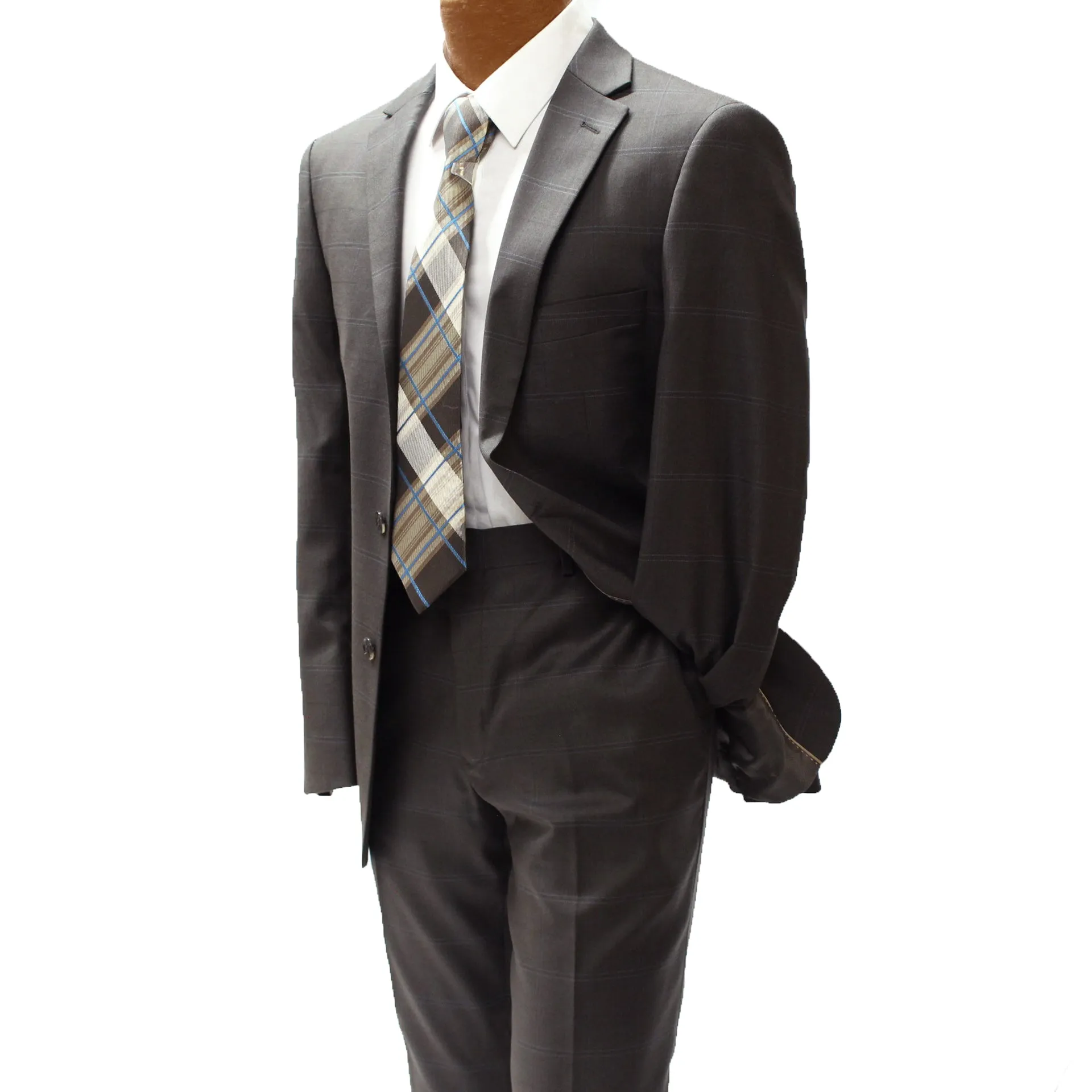 Top Lapel Brown and Blue Windowpane Modern Fit Suit