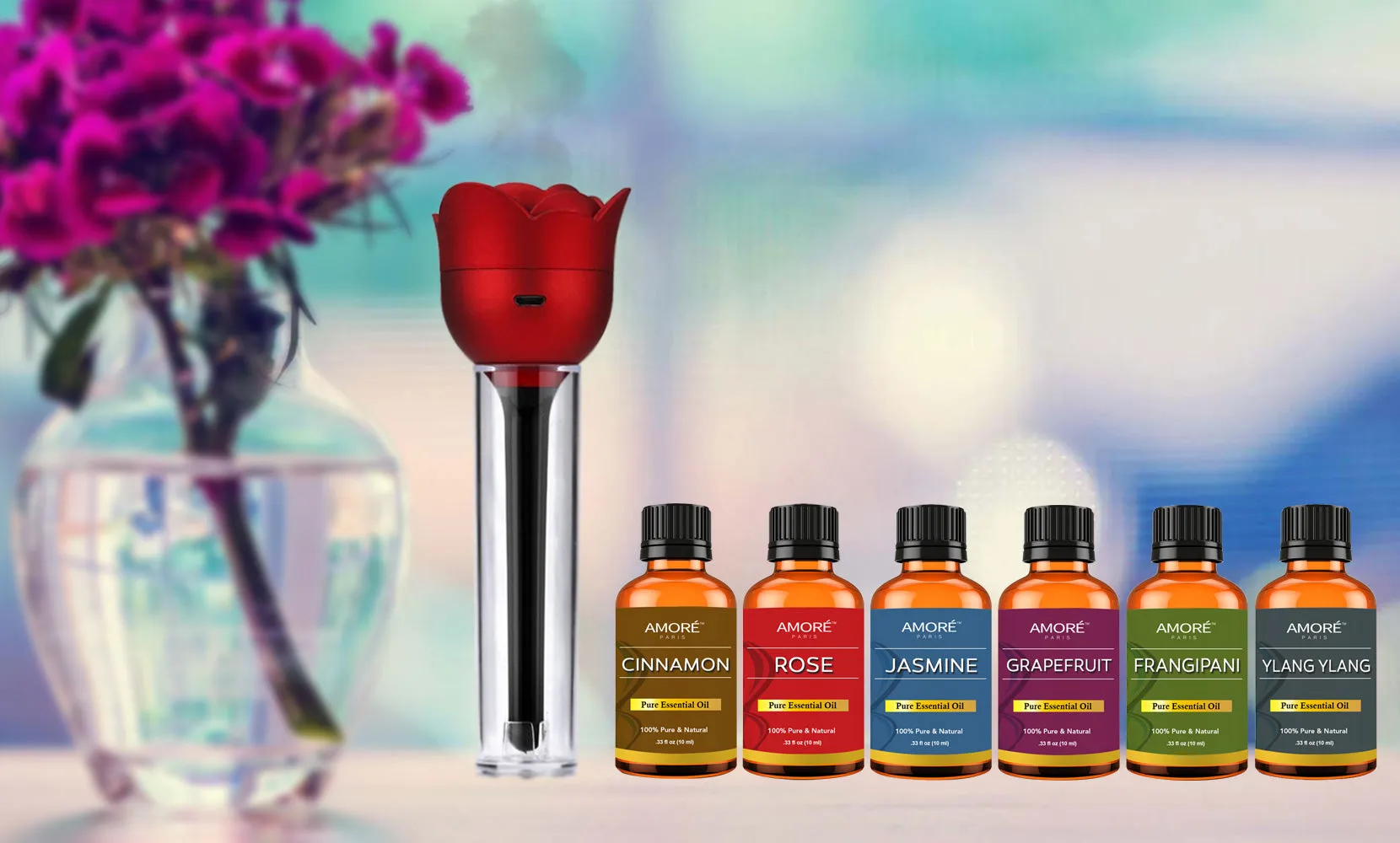 Ultrasonic Cool Mist Rose Aroma Diffuser with Essential Oils (7-Piece)