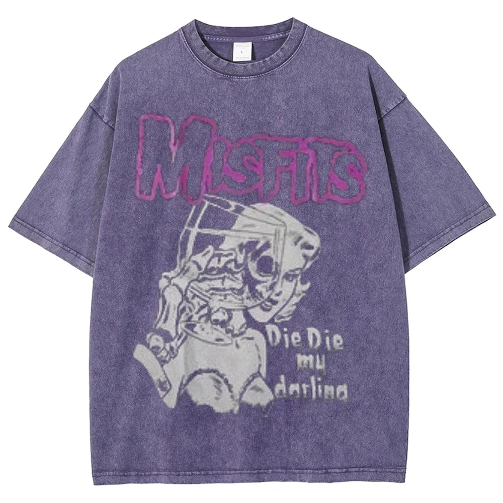 Unisex Vintage The Misfits Rock Band Print Short Sleeve Casual Graphic Washed T-shirt
