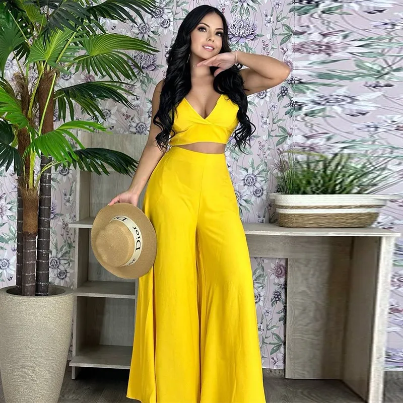 V-Neck Sleeveless Crop Top and High Waist Palazzo Pants Set