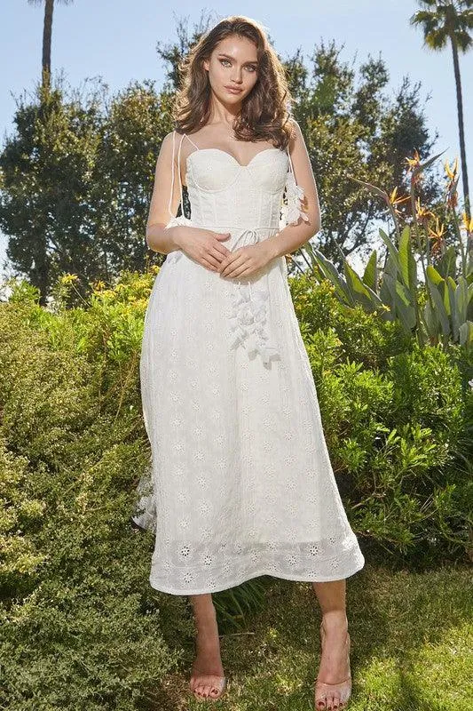 White Whimsical Blossom Tassel Midi Dress