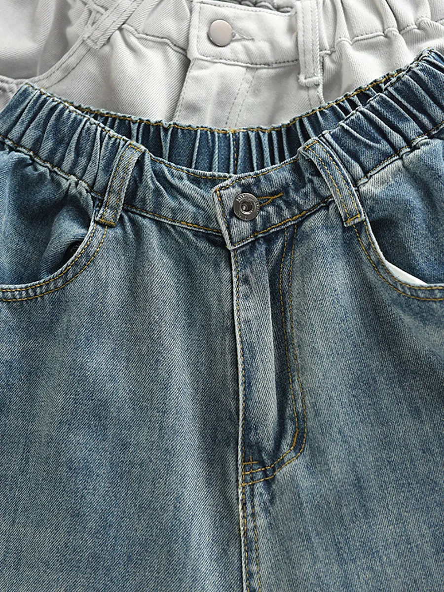 Women Retro Pure Color Denim Wide-leg Pants