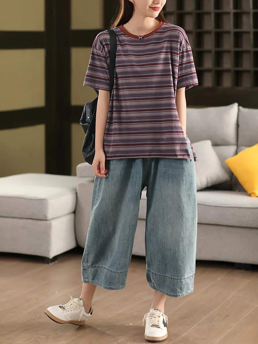 Women Retro Pure Color Denim Wide-leg Pants