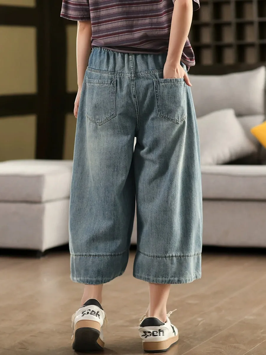Women Retro Pure Color Denim Wide-leg Pants