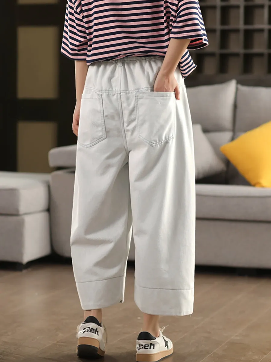Women Retro Pure Color Denim Wide-leg Pants