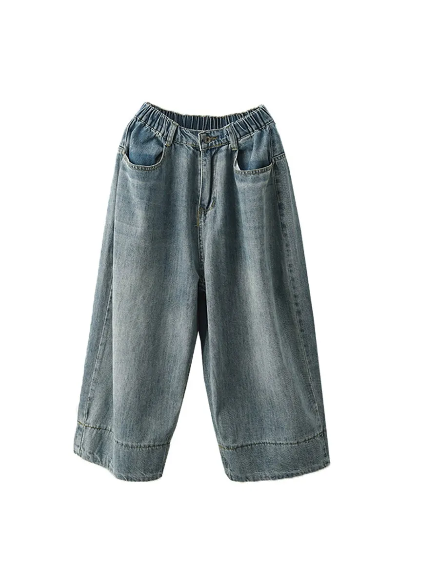 Women Retro Pure Color Denim Wide-leg Pants