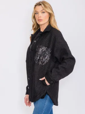 WOMEN'S LONG SLEEVES BUTTON CLOSURE SEQUINS POCKET SHERPA JACKET