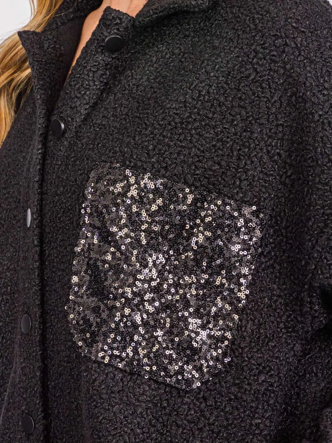 WOMEN'S LONG SLEEVES BUTTON CLOSURE SEQUINS POCKET SHERPA JACKET