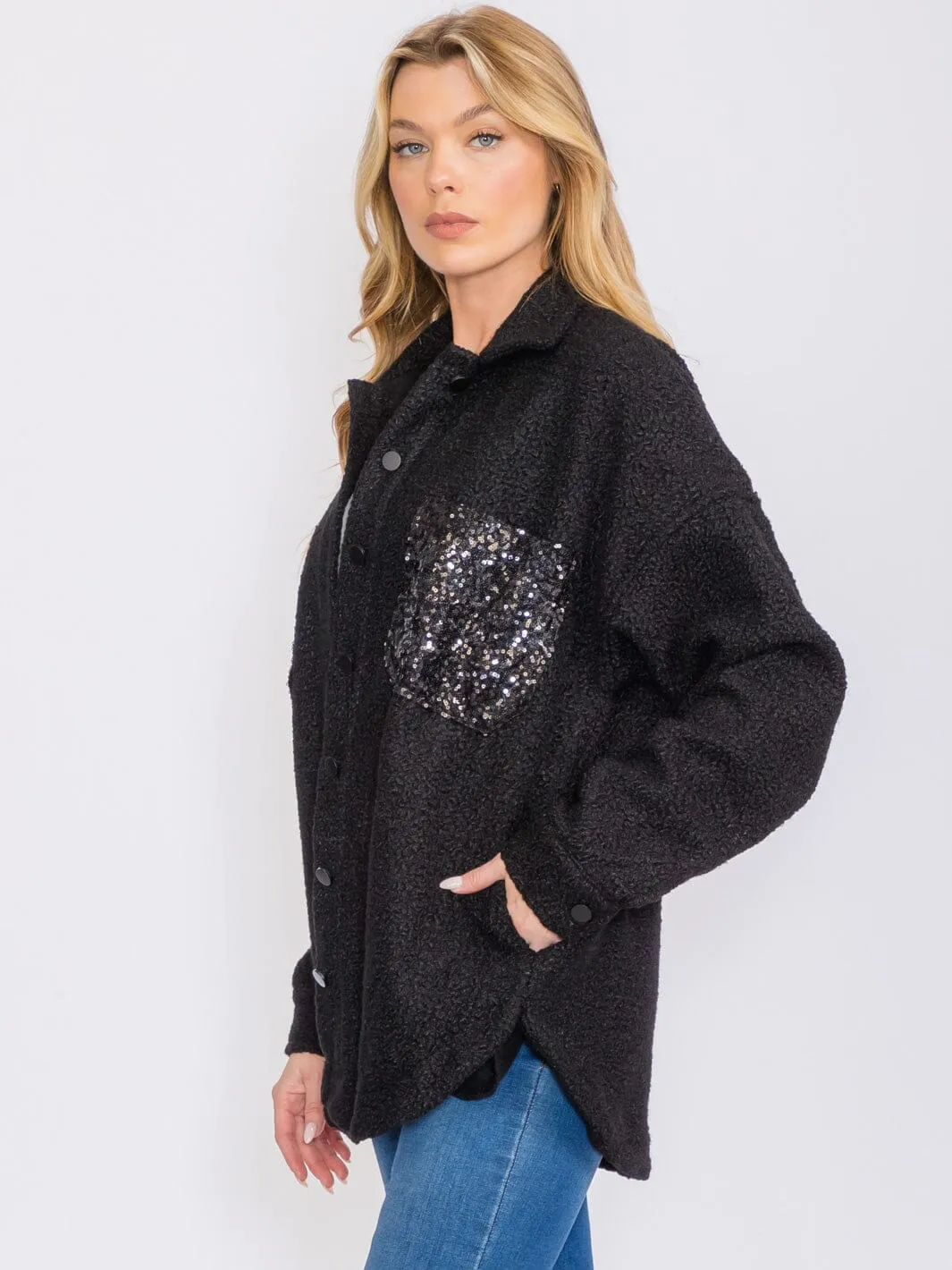WOMEN'S LONG SLEEVES BUTTON CLOSURE SEQUINS POCKET SHERPA JACKET