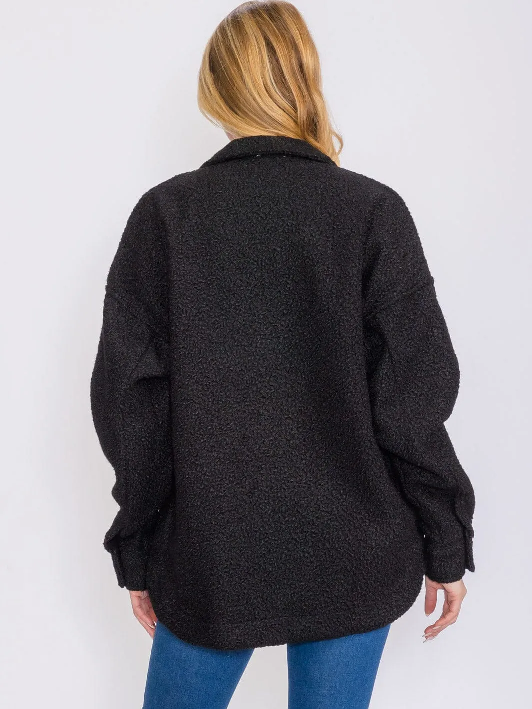 WOMEN'S LONG SLEEVES BUTTON CLOSURE SEQUINS POCKET SHERPA JACKET
