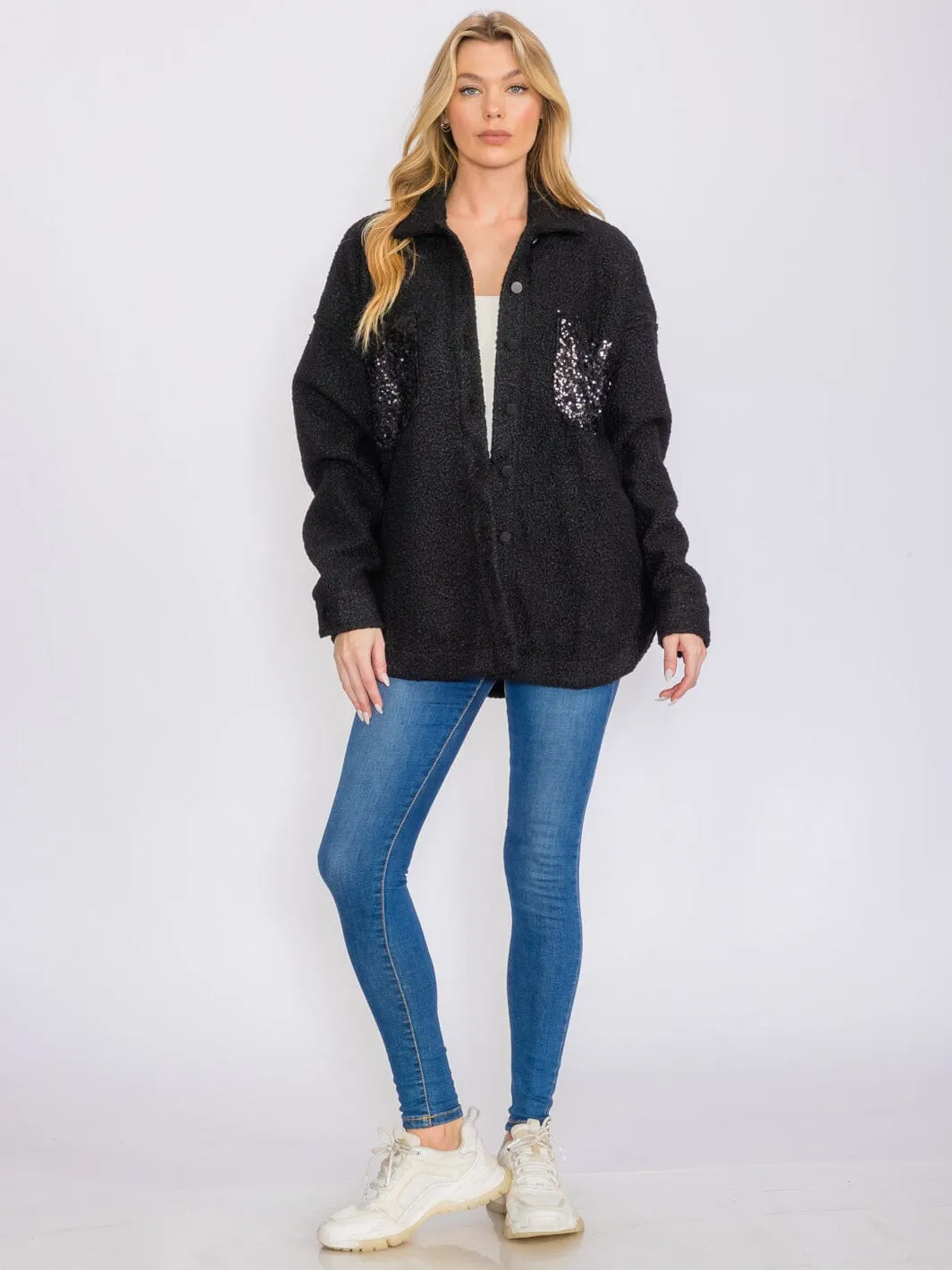 WOMEN'S LONG SLEEVES BUTTON CLOSURE SEQUINS POCKET SHERPA JACKET