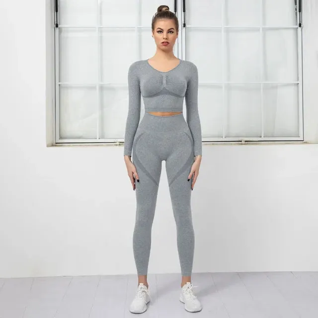 Women's Seamless Yoga Set - High Waist Leggings   Long Sleeve Sports Top