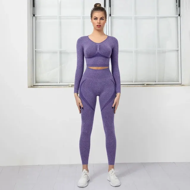 Women's Seamless Yoga Set - High Waist Leggings   Long Sleeve Sports Top
