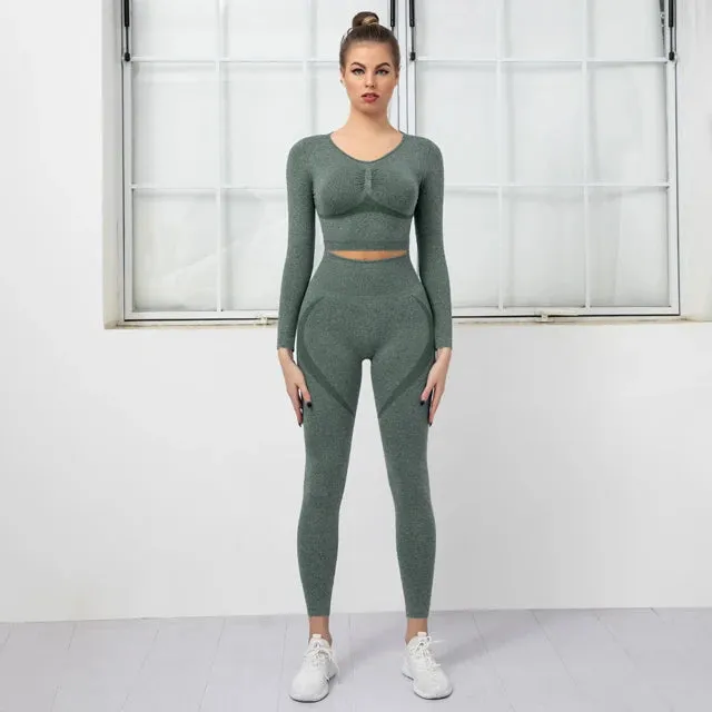 Women's Seamless Yoga Set - High Waist Leggings   Long Sleeve Sports Top