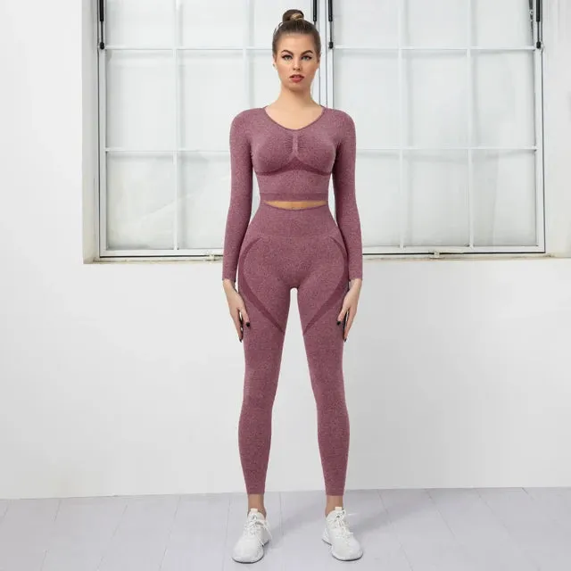 Women's Seamless Yoga Set - High Waist Leggings   Long Sleeve Sports Top