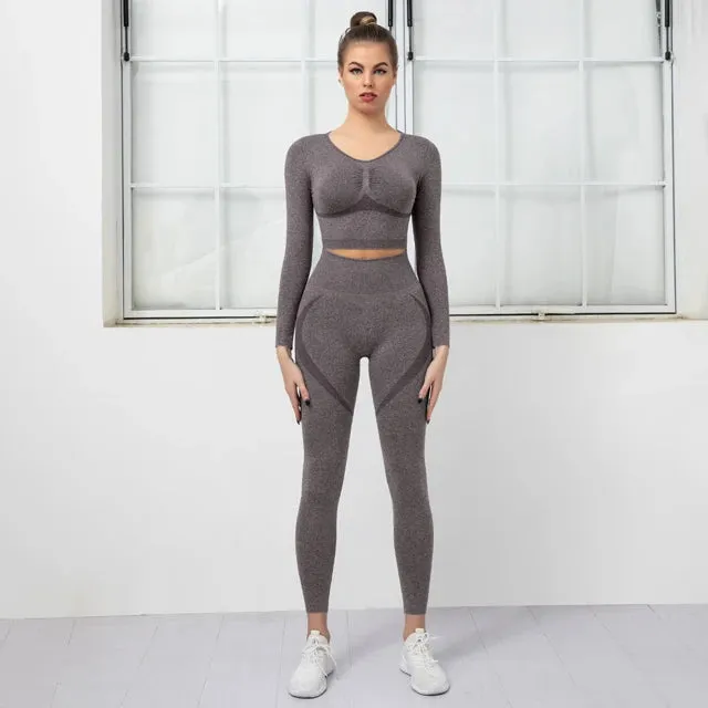 Women's Seamless Yoga Set - High Waist Leggings   Long Sleeve Sports Top