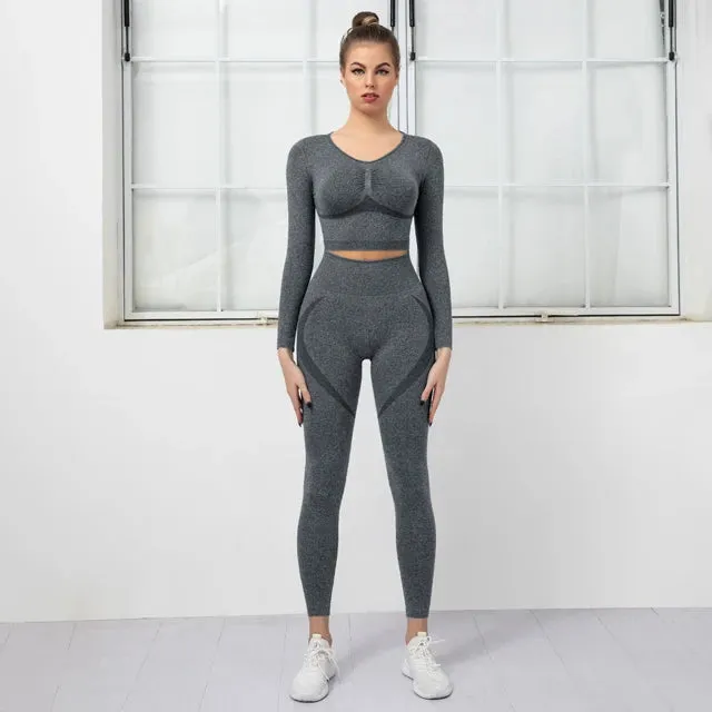 Women's Seamless Yoga Set - High Waist Leggings   Long Sleeve Sports Top