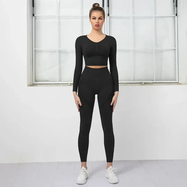 Women's Seamless Yoga Set - High Waist Leggings   Long Sleeve Sports Top