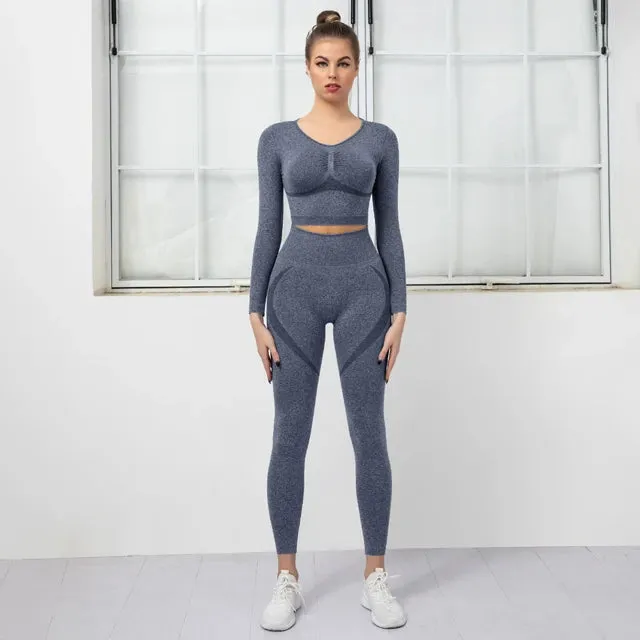 Women's Seamless Yoga Set - High Waist Leggings   Long Sleeve Sports Top