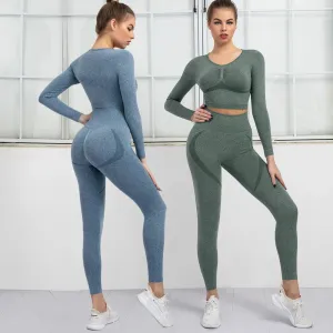 Women's Seamless Yoga Set - High Waist Leggings   Long Sleeve Sports Top