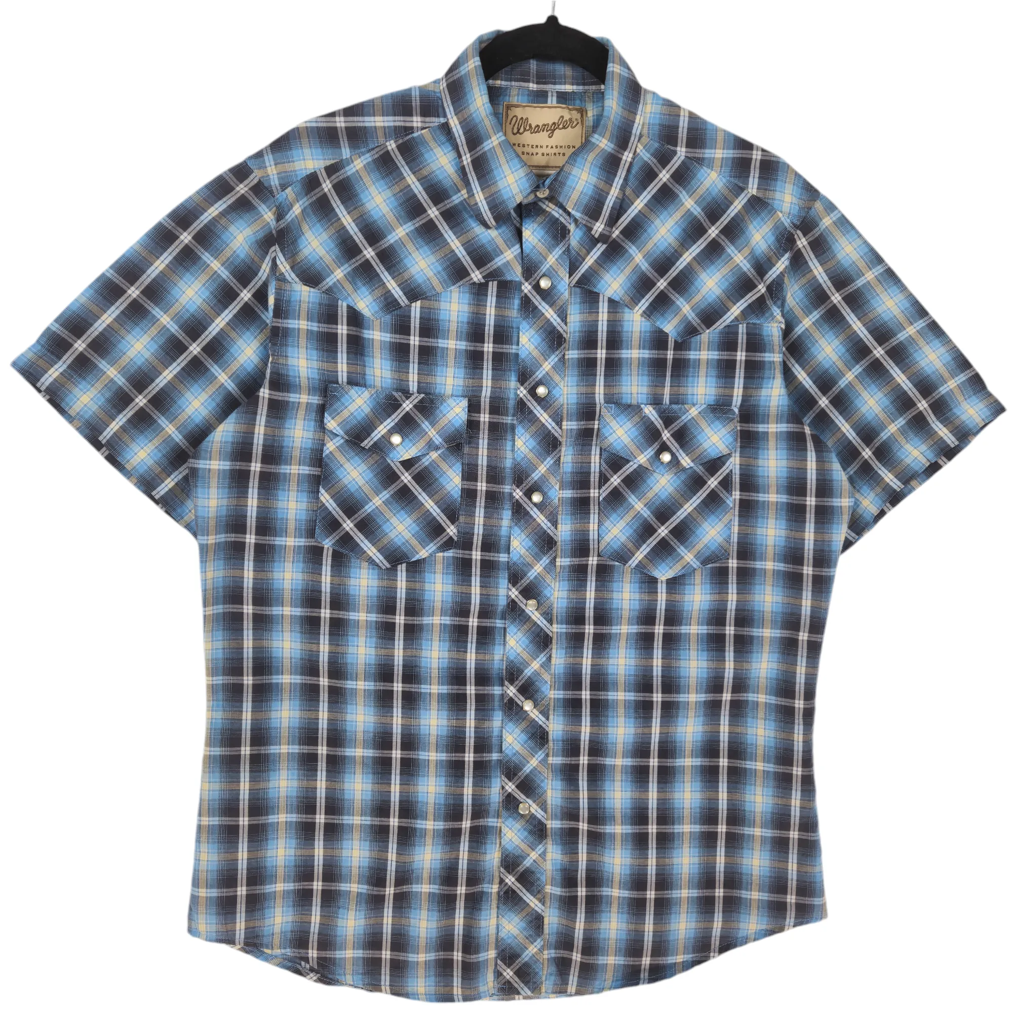Wrangler Western Shirts Blue & Yellow Checkered Short Sleeve Button Shirt Size M