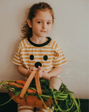 Yellow Bear Face Stripe Print T-Shirt