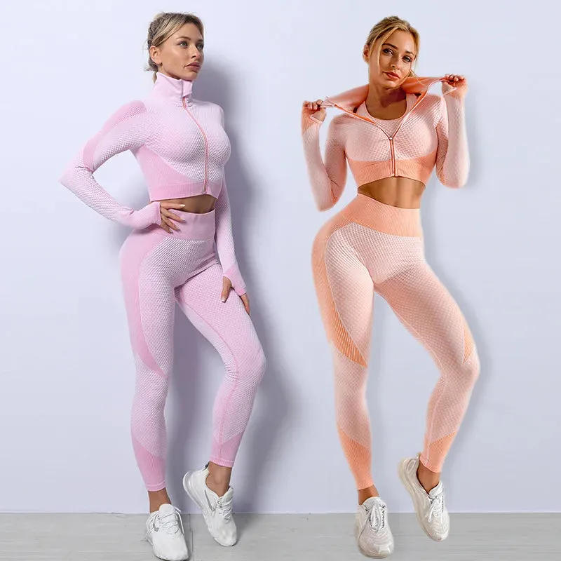 Zipper Seamless Yoga Set for Women - High Waist Leggings and Fitness Sports Suits